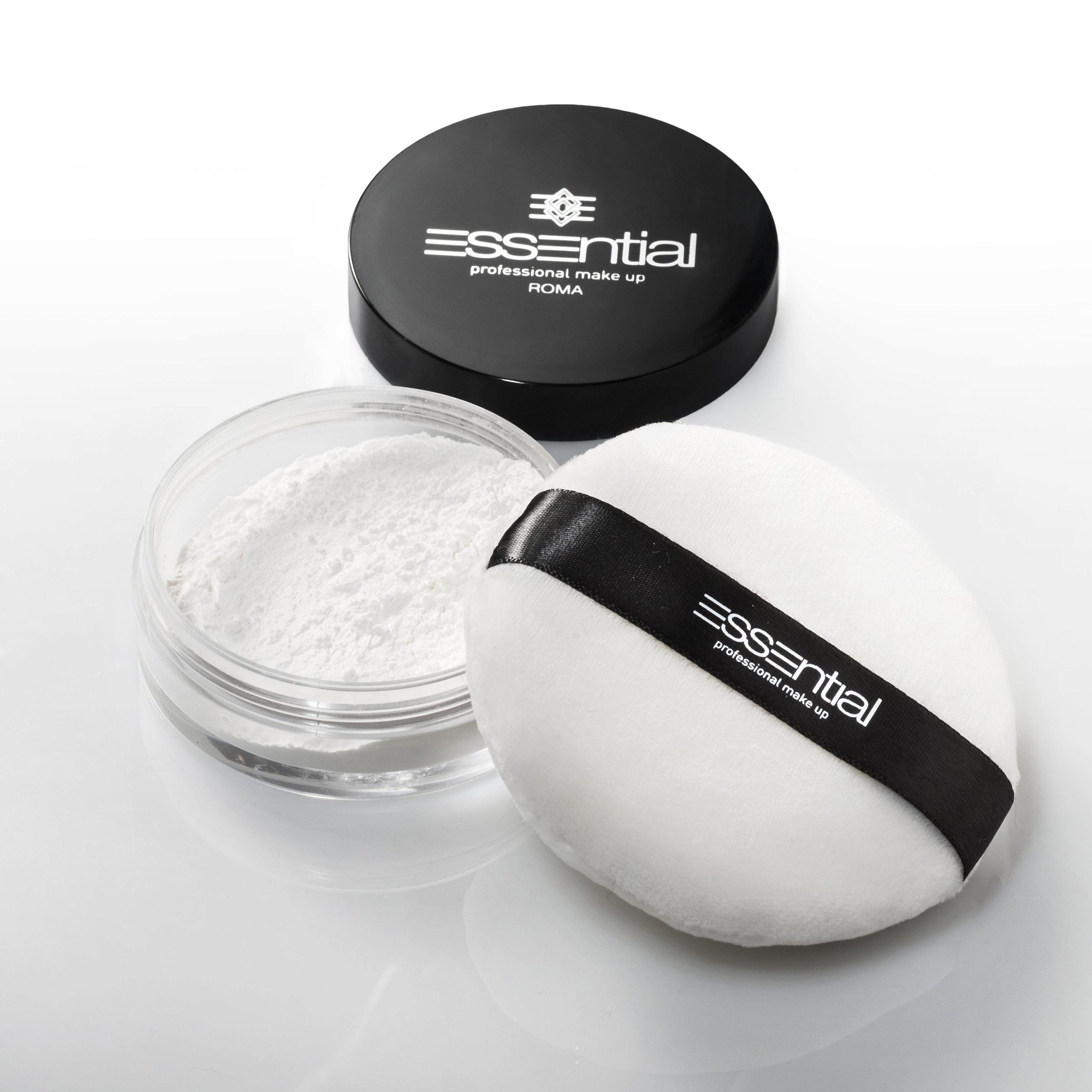 Essential Roma professional makeup powder shown with its black lid, clear jar of white powder, and white makeup puff on a clean white background.