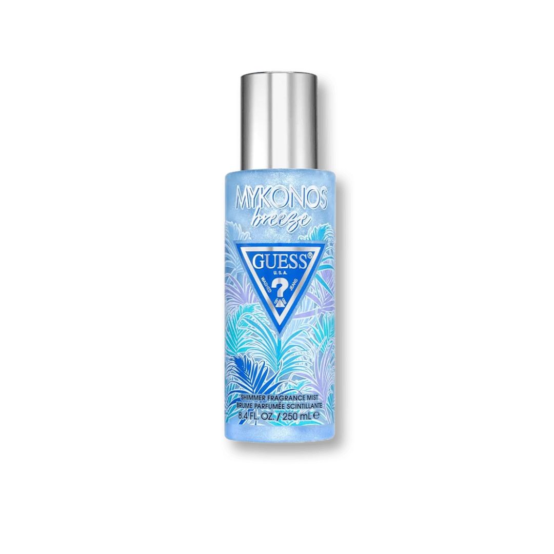 Guess Mykonos Beach spray bottle with a silver cap and blue tropical pattern, on a white background.