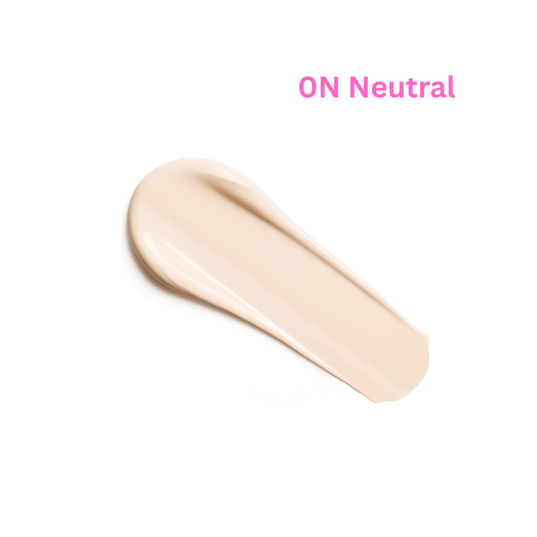 A swatch of liquid foundation or concealer in a warm beige shade, shown on a plain white background with pink text reading 'ON Neutral' above it.