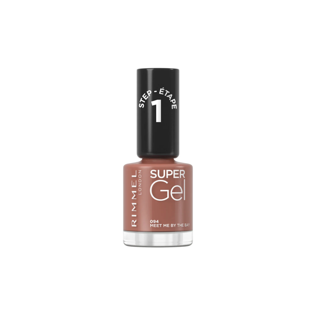 Rimmel London Super Gel nail polish in shade 084 'Meet Me By The Sea' with a dusty rose-brown color, shown in a clear bottle with a black cap on a white background.