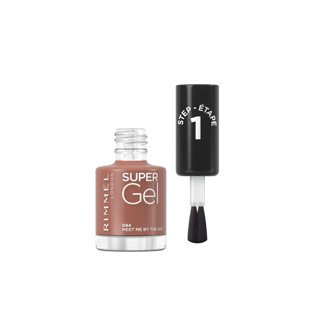 Rimmel Super Gel nail polish in shade Oak, showing the clear bottle with the mauve-brown polish inside and the black brush cap labeled 'STEP 1' standing beside it on a white background.
