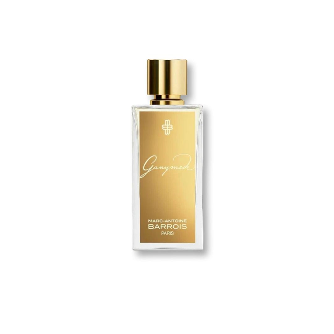 Marc Sanebaris Barrois perfume bottle with a gold cap and a gold label on a clear glass base, set against a plain white background.