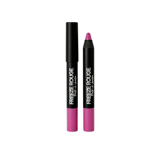 Two Freeze Rouge lip crayons in the shade Pure Pink, standing upright on a white background. One crayon is closed with its black cap, and the other is open, showing the pink tip.