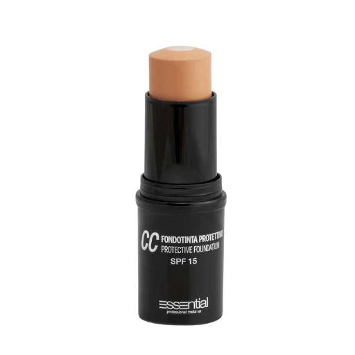 A black cosmetic stick container of Essential CC Protective Foundation SPF 15, with the beige-tan foundation cream exposed, on a plain white background.