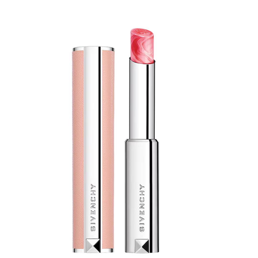 Givenchy lipstick shown open next to its matching cap on a clean white background. The lipstick bullet has a pink and coral swirled pattern, and the casing is metallic silver with the Givenchy brand name printed vertically.