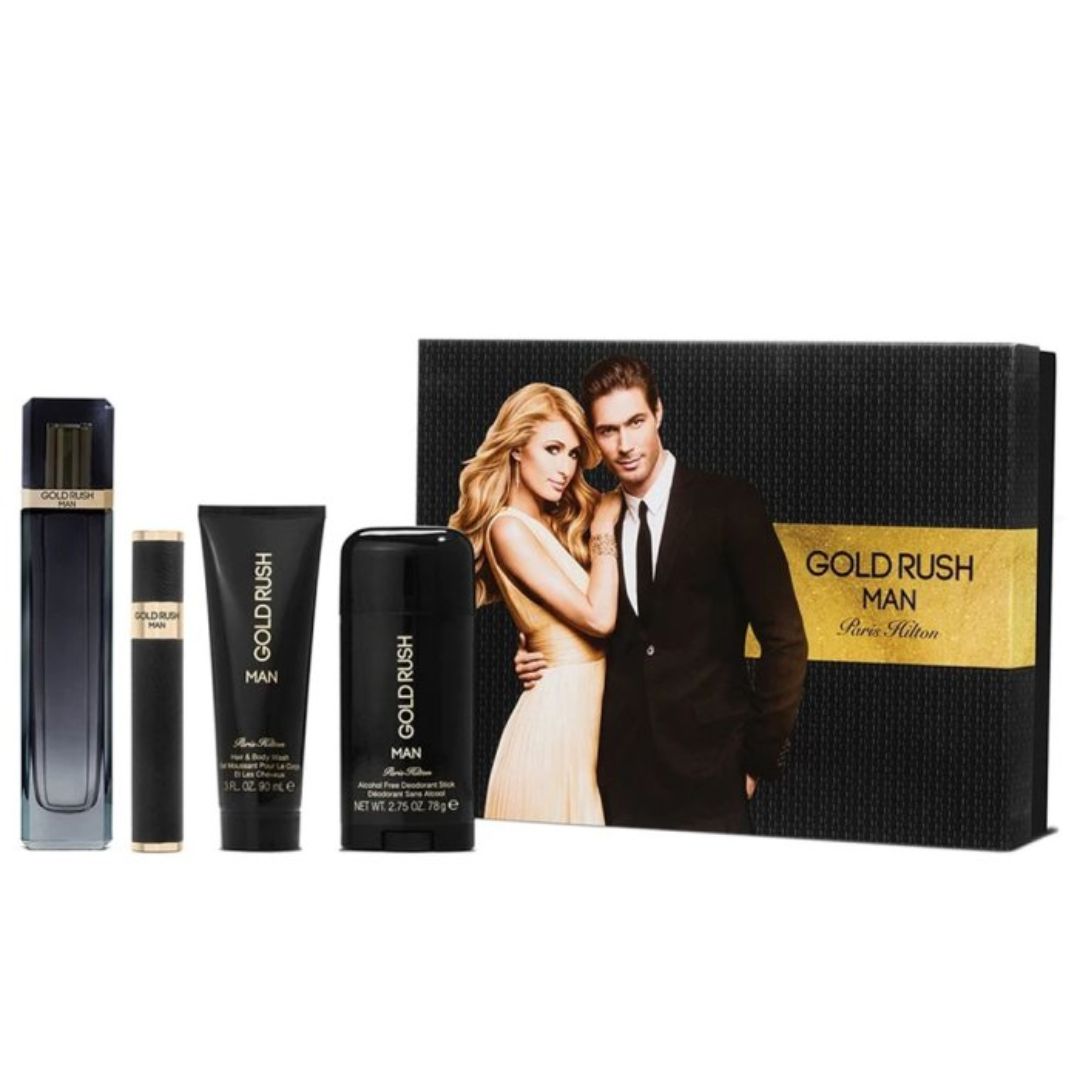 PARIS HILTON GOLD RUSH MAN (M) SET EDT 100ML + EDT 15ML + HAIR & BW 90ML +
