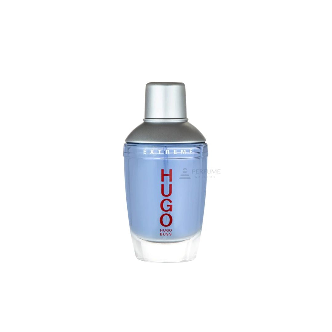 Hugo Extrait de Parfum bottle with a light blue body, silver cap, and red vertical logo text, shown on a plain white background.