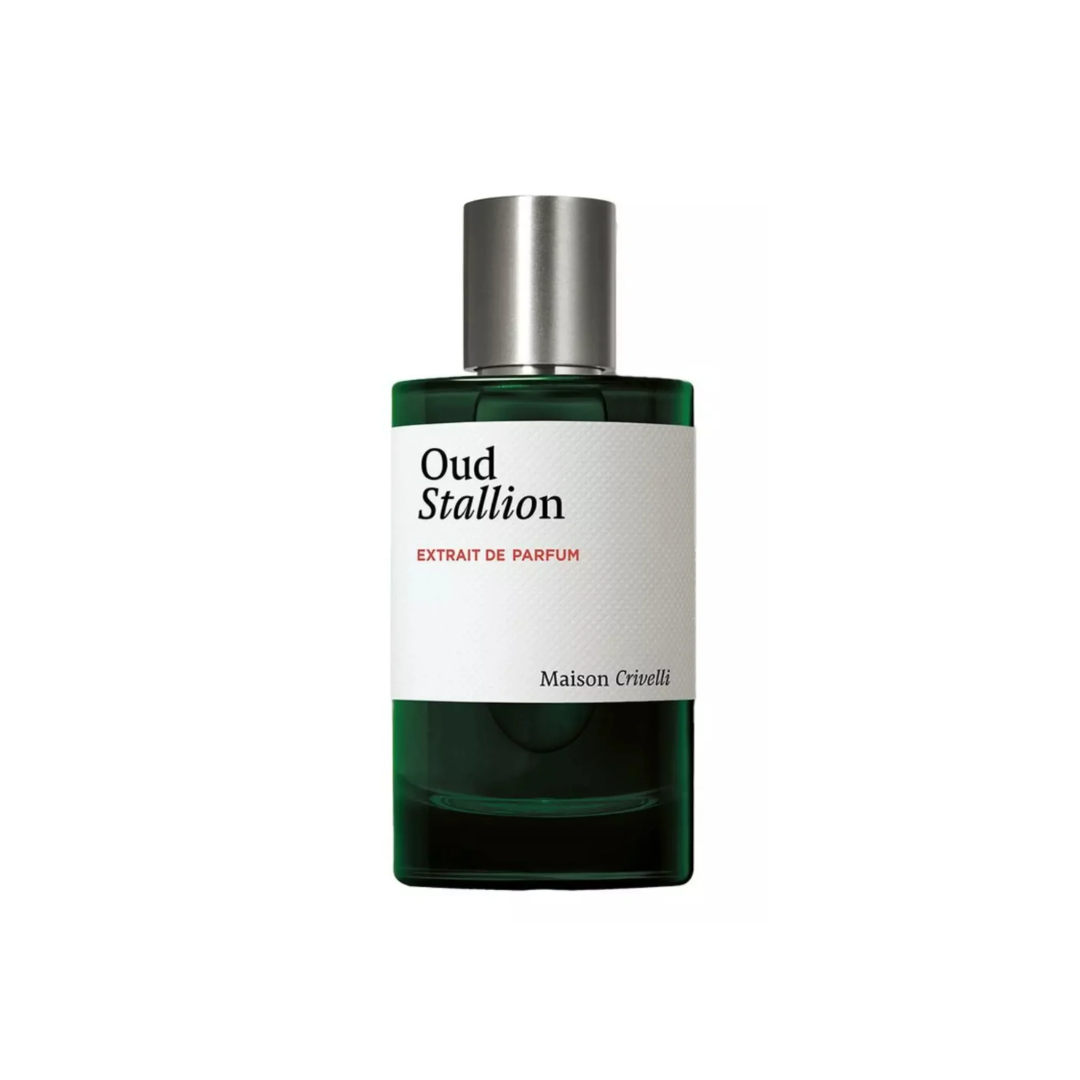 Maison Orienli Oud Stallion Extrait de Parfum in a dark green glass bottle with a silver cap and a white label.