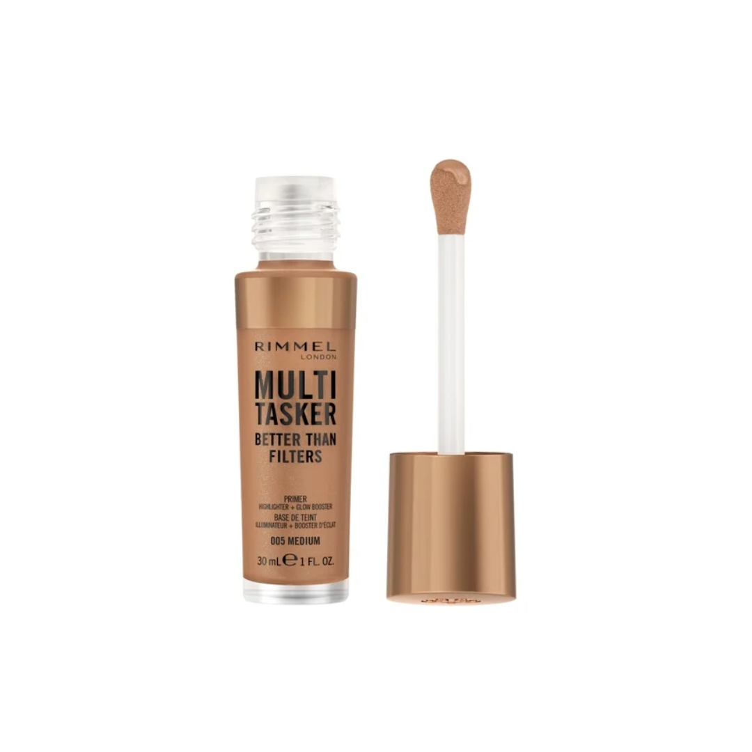 Rimmel Multi Tasker Better Than Filters liquid makeup in a clear bottle with a metallic rose-gold cap, shown next to its applicator wand on a white background.